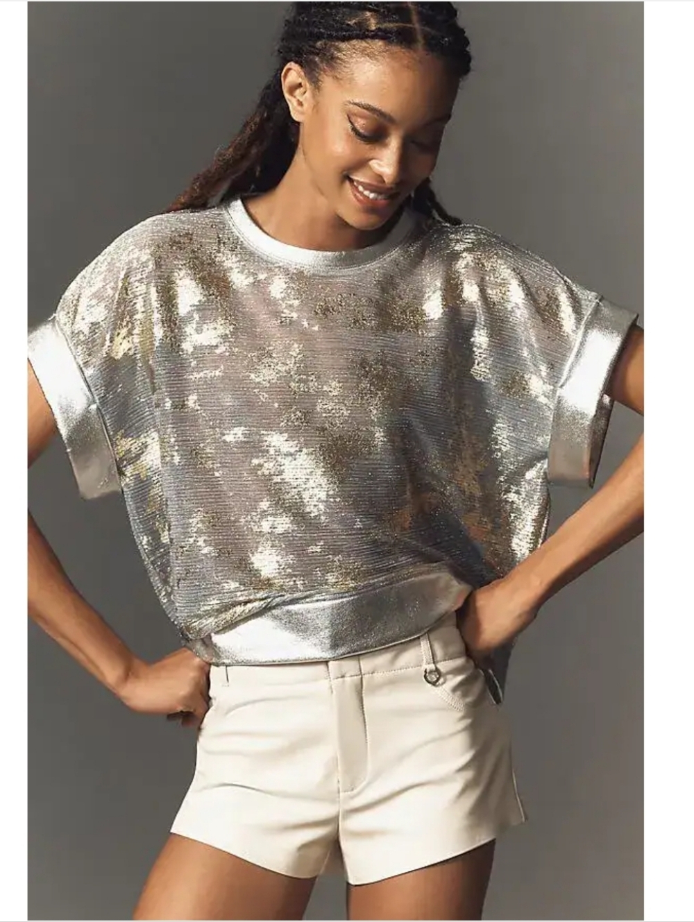 Pilcro Shine Overlay Short Sleeve Top in Silver